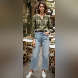 LOFT Olive Green Plaid Smocked Peasant Blouse Women’s Medium.